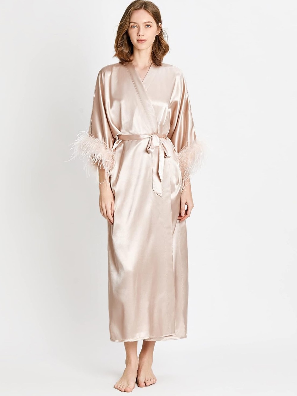 Silk-Feel Feather Trim Long Robe - Champagne